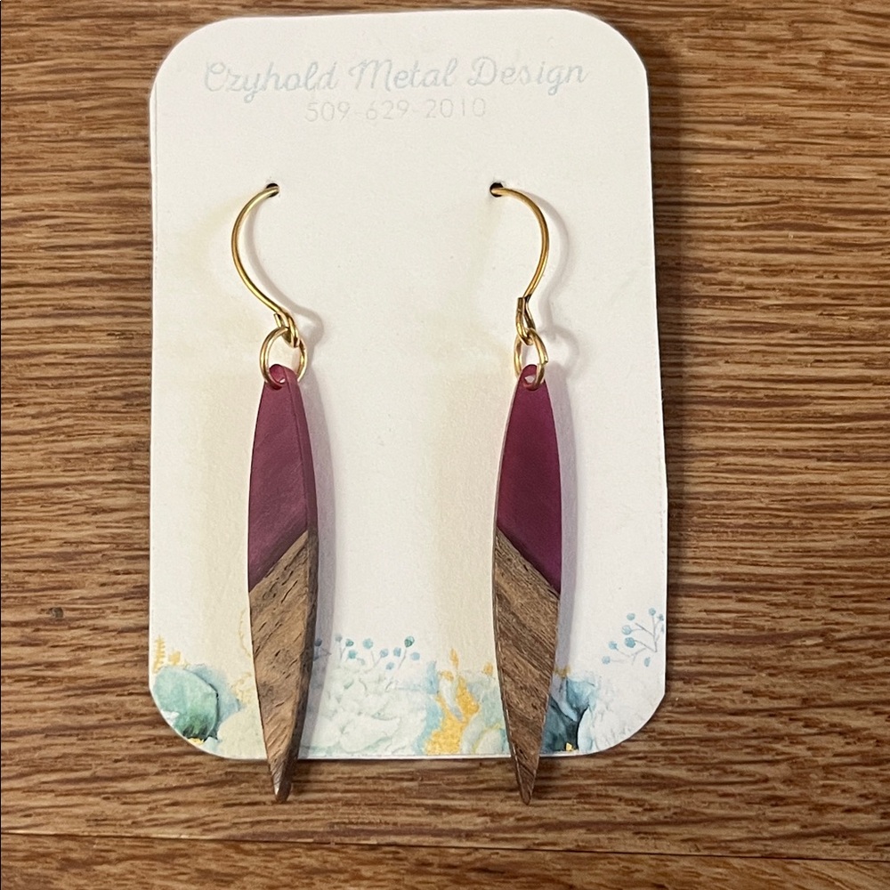 Artisan made resin and wood earrings with gold tone hook, new on card